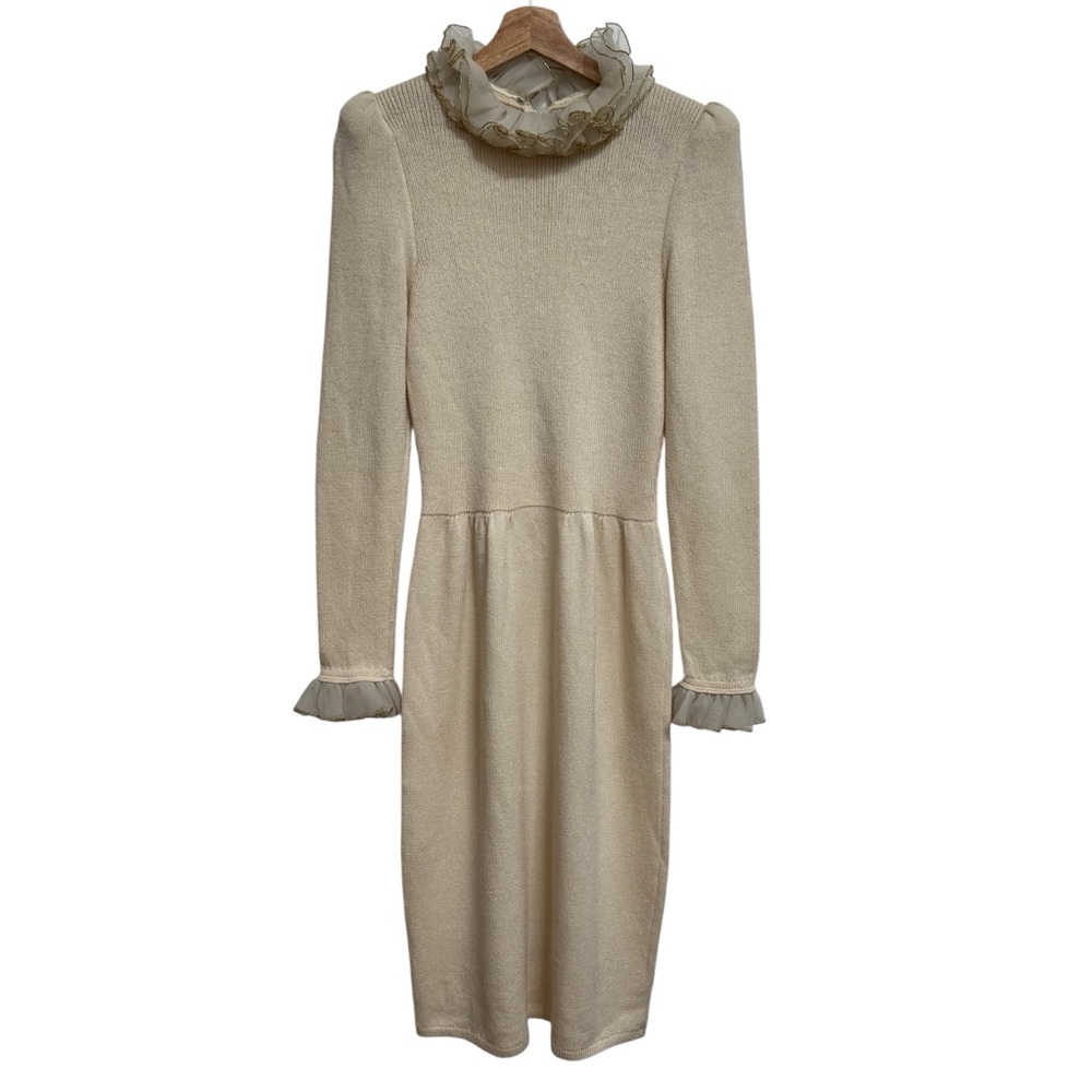 Vintage St John Santana Knit Ruffle Neck Long Sleeve Sweater Dress